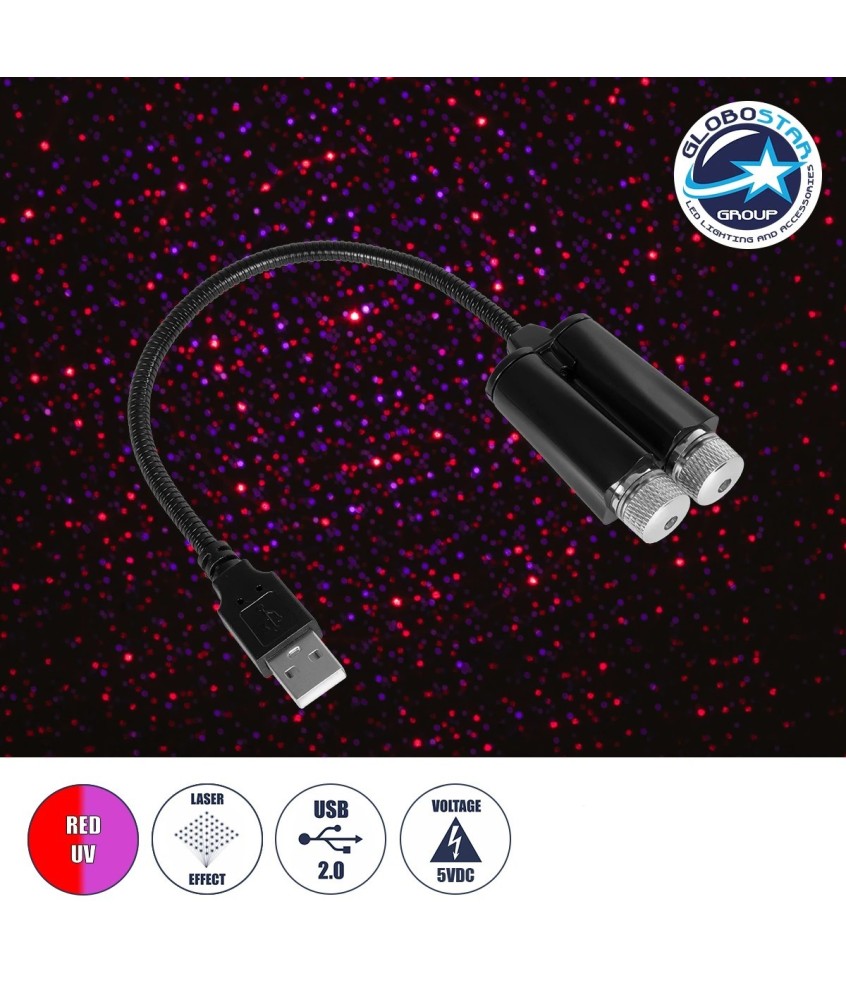 GloboStar® 81845-DUAL Διακοσμητικό Φωτιστικό Ειδικών Φωτορυθμικών Εφέ PARTY Disco LASER DC 5V με Καλώδιο Τροφοδοσίας USB Κόκκινο IP20 Μ3.5 x Π3.5 x Υ21.5cm